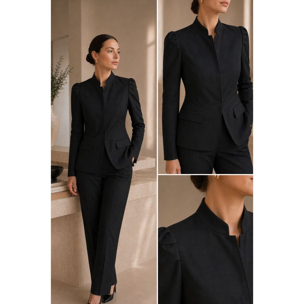 Lafayette 148 New York Tailored Black Blazer 8 Pleated Shoulder Metal Bar Luxe